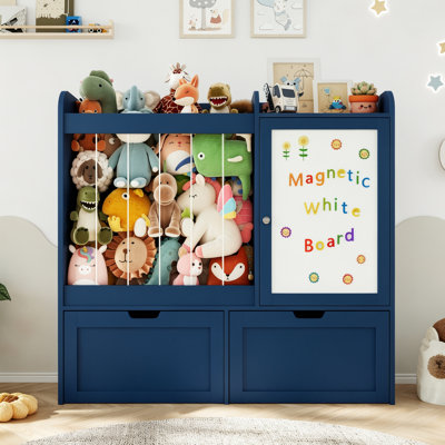 37.4"H Toys Storage Organizer With Stuffed Animal Storage, Magnetic Drawing Board, Cube Storage Cabinet, 2 Movable Drawers, Wooden Kids Bookcases For Bedroom, Playroom, Living Room, Blue