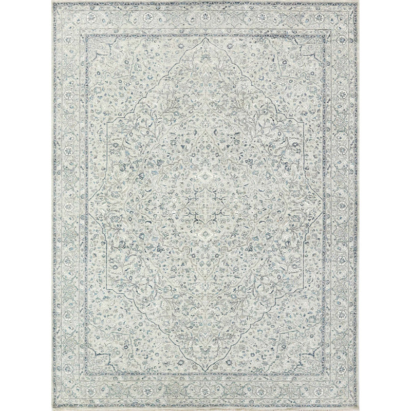 Tapis gris clair noué à la main de haute qualité, Rectangulaire 8 pi x 10 pi
