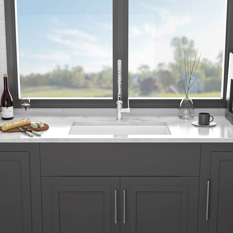 32" Undermount Ceramic Kitchen Sink - Dual Mount White Ceramic Rectangular Deep Sink Basin