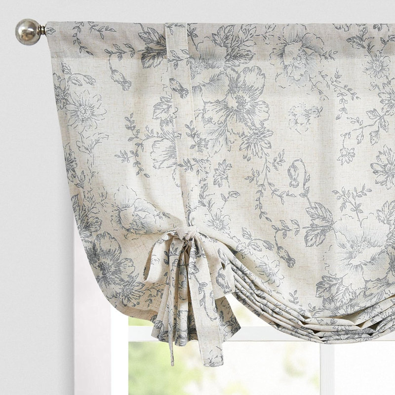 Floral Linen Tie Up Shade Valance, Gray, 42" W x 45" L