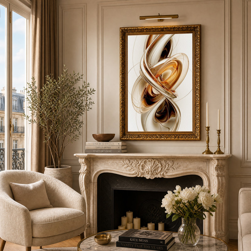 Tableau abstrait tourbillonnant en bronze et or métallisés sur toile, H 24 po x l 16 po