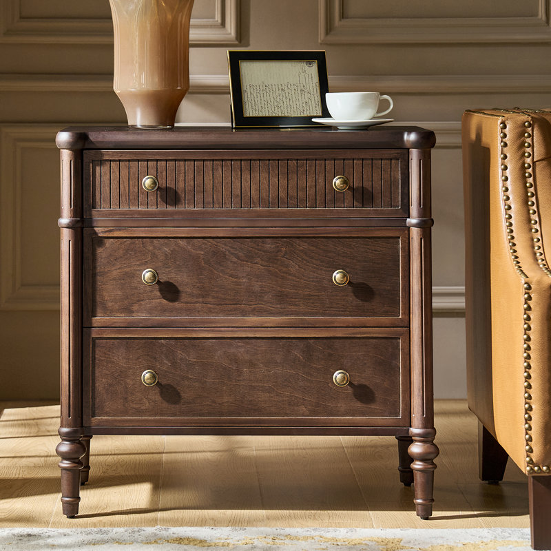 Hoai 28" W 3-Drawer Fluted Solid Wood End Table with Power Outlets, Walnut