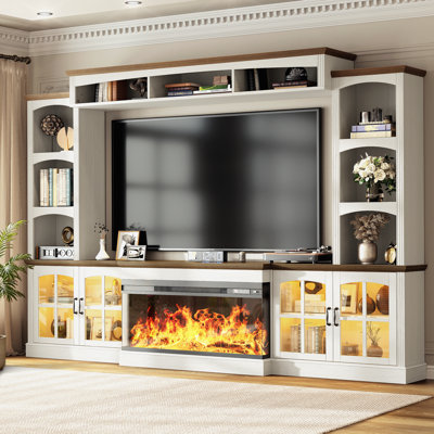 Farmhouse 98"W Wall Unit Entertainment Center With 3-Sided Electric Fireplace Tv Stand For Tvs Up To 70", White