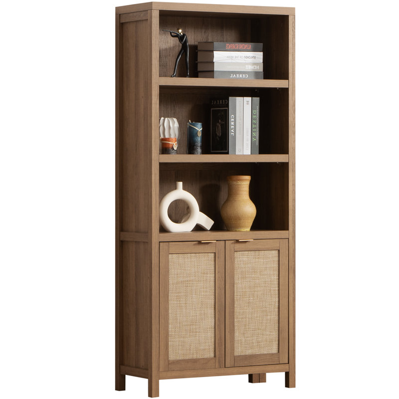 Bibliothèque en rotin d'inspiration bohémienne avec armoire de rangement et tablettes réglables, Brun, 1