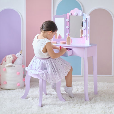 Teamson Kids Stardust Gisele Wood Vanity Table With Led Mirror & Drawer