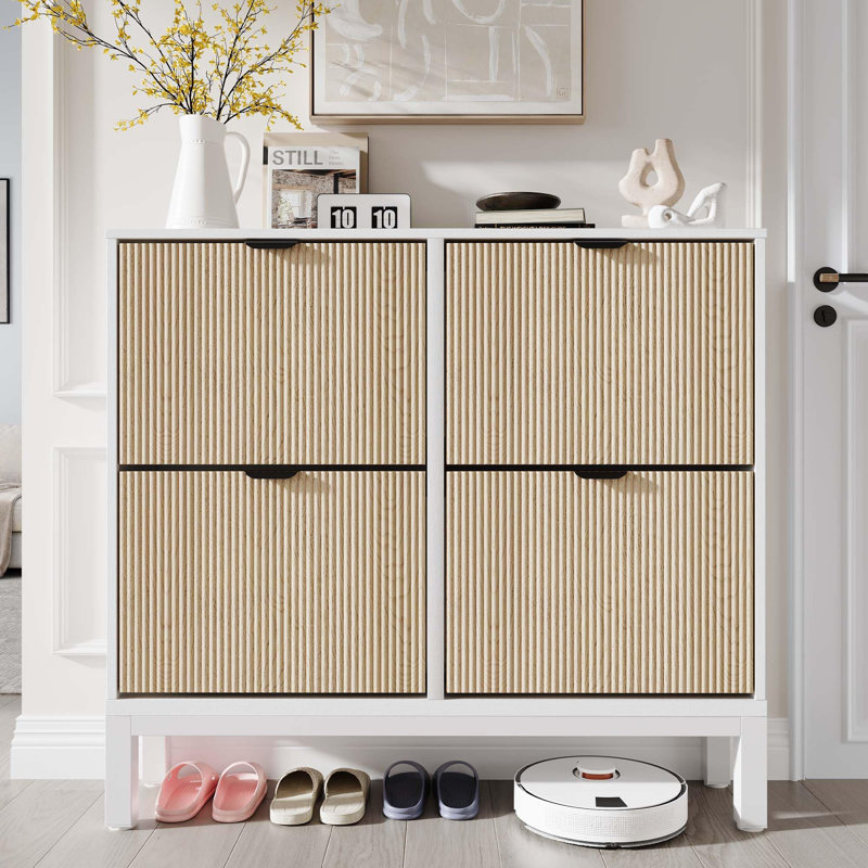 Shoe Storage Cabinet With 4 Flip Drawers, Farmhouse Fluted Shoe Organizer With Metal Legs, White