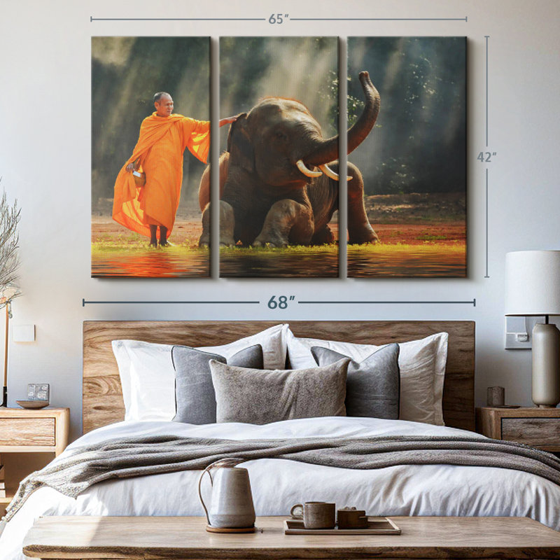 «Monk and Asian Elephant» sur toile, H 42 po x l 65 po