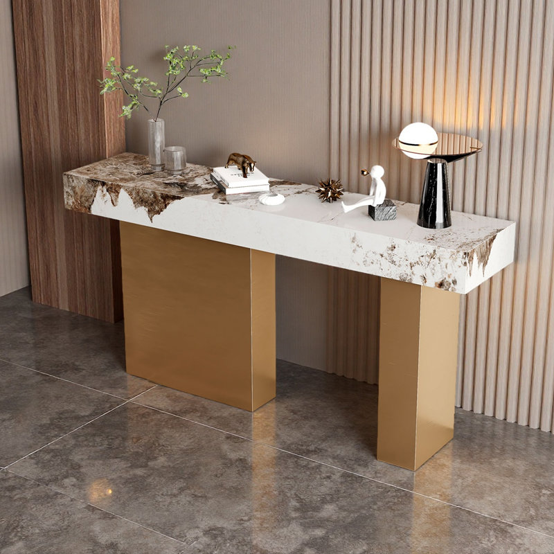 Table d'entrée en pierre frittée durable, Blanc / or gris, H 33,46 po x l 70,87 po x P 13,78 po