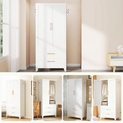 Garde-robe en métal avec 2 portes et tiroirs, armoire de rangement de 71 po de hauteur pour chambre à coucher, garde-robe portable léger pour petits appartements, dortoir, locataires, acier laminé à froid
