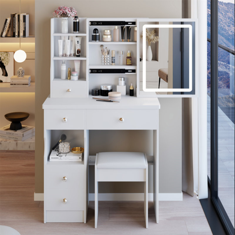 Petit meuble-lavabo de 29,2 po avec tabouret de bureau et tabouret rembourré à gauche 29,5 po, grande commande tactile, interrupteur tricolore, miroir à luminosité réglable, rangement à grande capacité, convient aux petits espaces