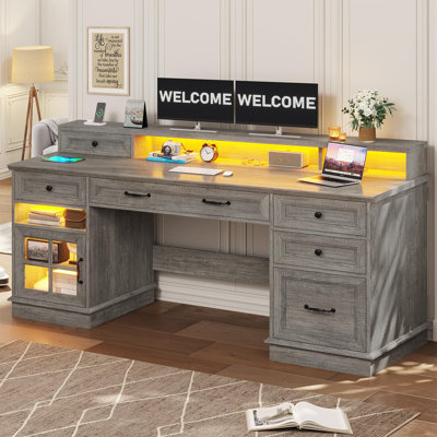 59" Computer Desk With 5 Drawers And Charging Station, Farmhouse Office Desk For Home Office by Ivy Bronx