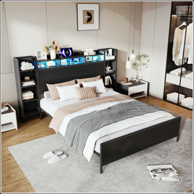 Twin Bed Frame with USB Charging, Storage Headboard, and LED Lights