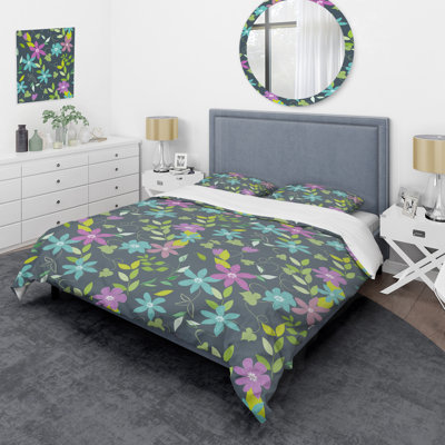 Fleurs abstraites sur fond gris - ensemble de housse de couette Cabin & Lodge