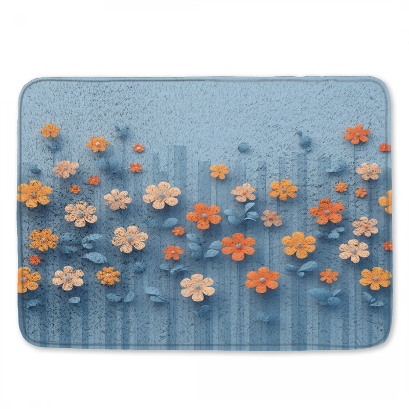 Tapis de bain orange, fleurs bleues, L 34 po x L 21 po