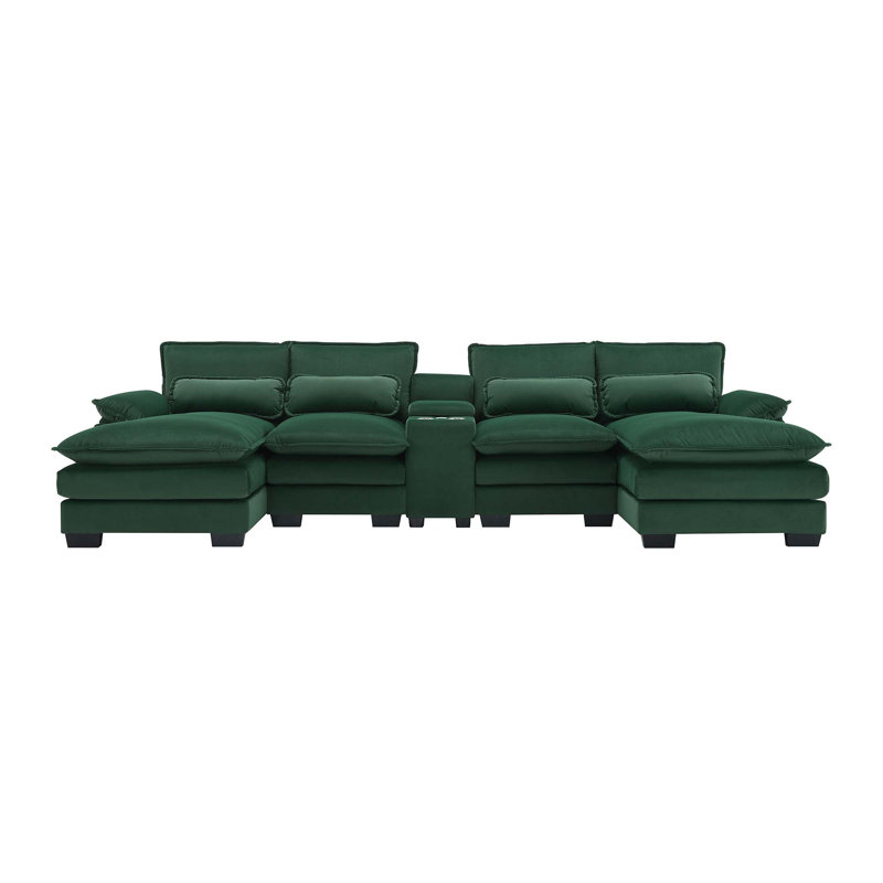 5-Piece Upholstered U-Shaped Sectional, Green Velvet