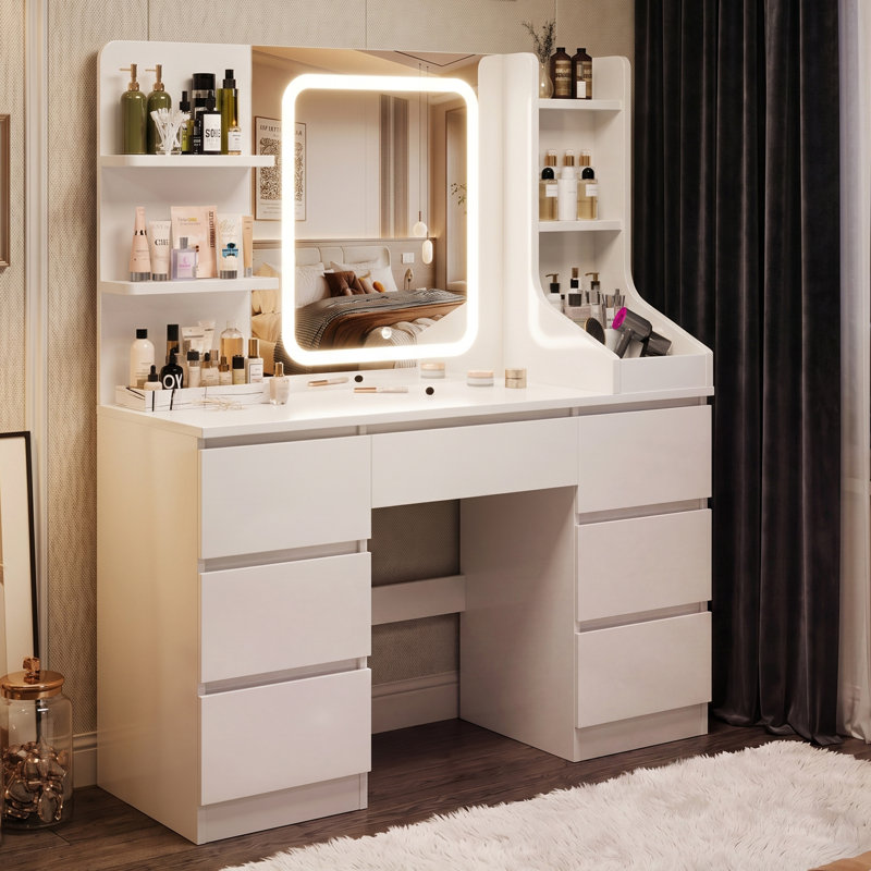 LED Dressing table 7 Drawers and 7 Storage Shelves Dressing Table With Mirror Large Desktop Makeup Desk, White