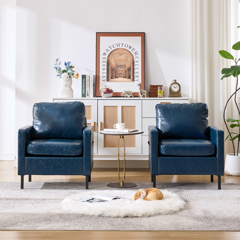 Faux Leather Accent Chair With Metal Legs & Side Pocket (Set Of 2), Blue