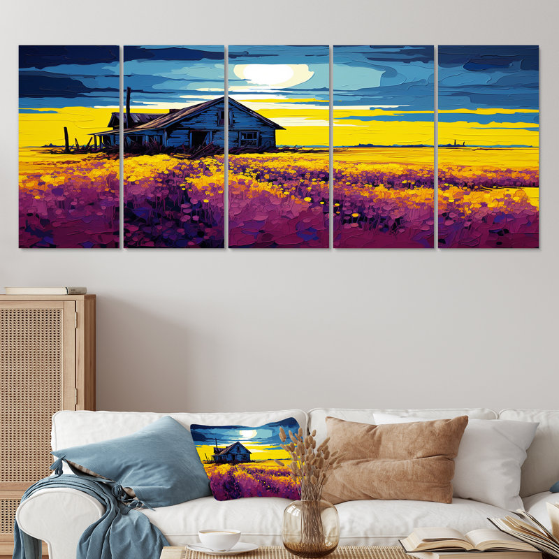 «White Country House Lavender Field Sunset», art mural paysage sur toile 5 pièces, H 32 po x l 80 po