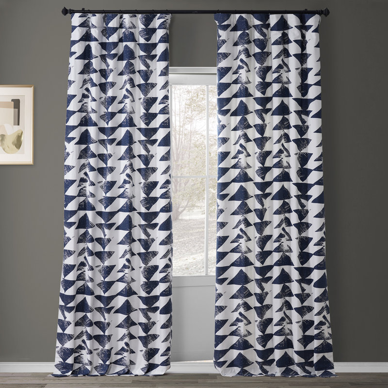 Efren Triad Geometric Printed Cotton Rod Pocket Room Darkening Curtains - Single Panel Drapes (1 Panel), 50" W x 84" L, Blue