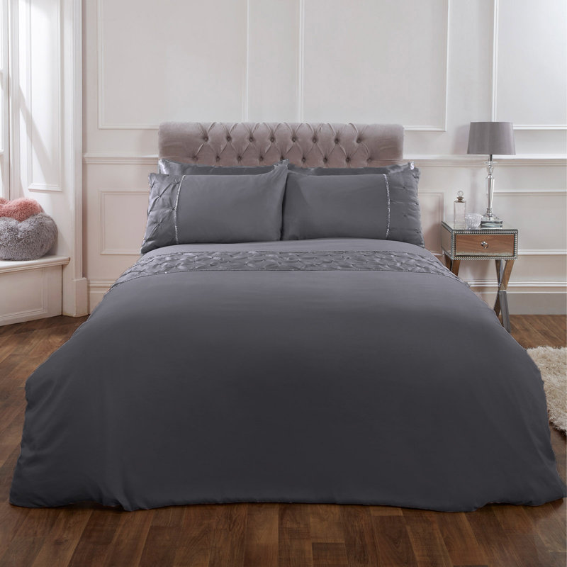Reid Polyester Solid Colour Duvet Cover Set with Pillowcases, Silver, Super King Duvet Cover + 2 Pillowcases