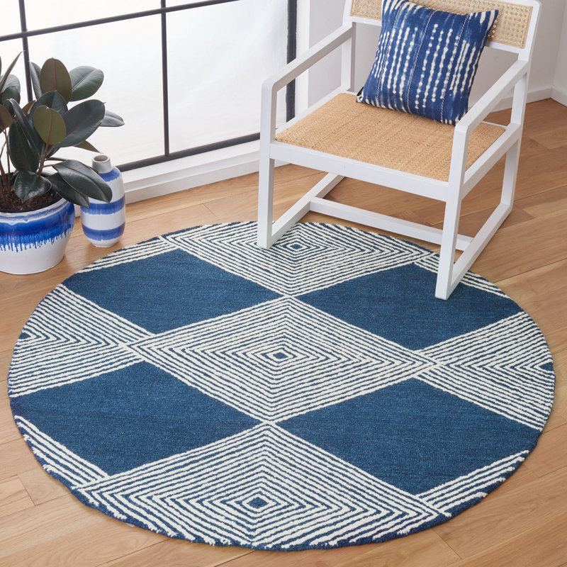 Konopka Geometric Handmade Tufted Wool Navy/Ivory Area Rug, Round 5'
