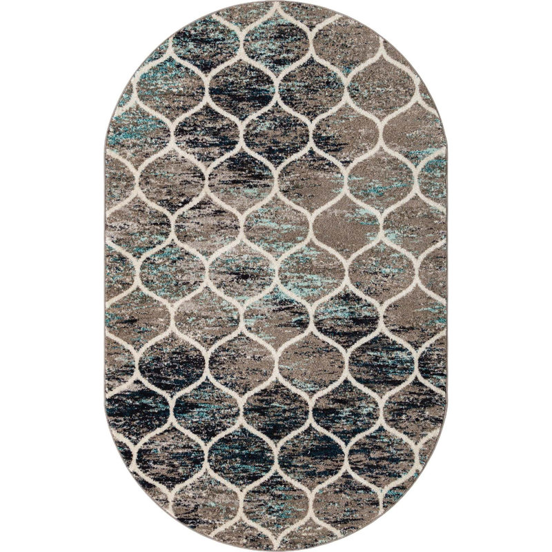 Tapis géométrique Llanet, Ovale 5 pi 3 po x 8 pi, Bleu multicolore
