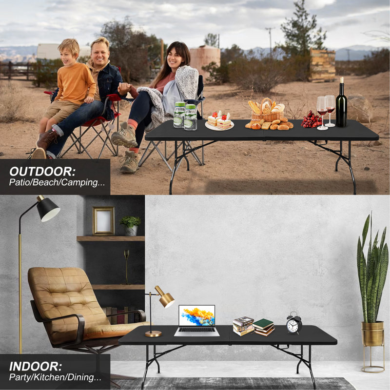 Table pliante de 8 pi, table en plastique portative pour le camping, pique-niques, fêtes, table pliable à charge élevée, Noir