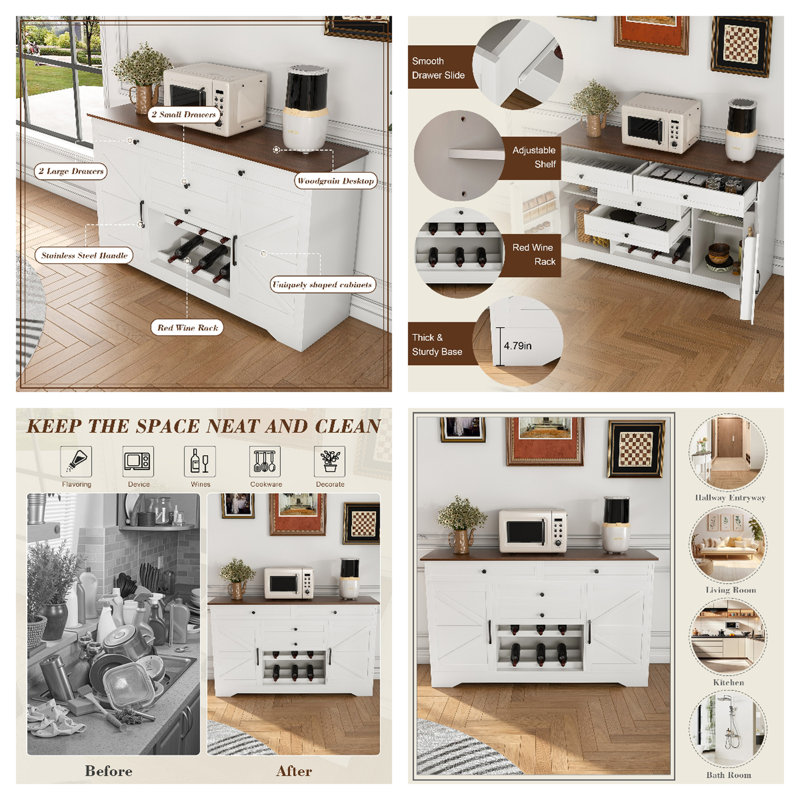 3 Piece Bar Cabinet Set 70"Tall Bar Cabinet With 2 Drawers & Barn Doors And54" W Tall Bar Sideboard With 4 Drawers & 2 Cabinets