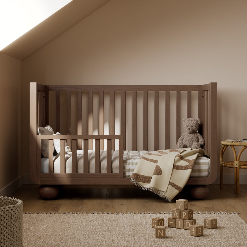 Lit de bébé convertible 5-en-1 Amalfi Deluxe avec garde-corps en prime, Noisette, Lit à barreaux