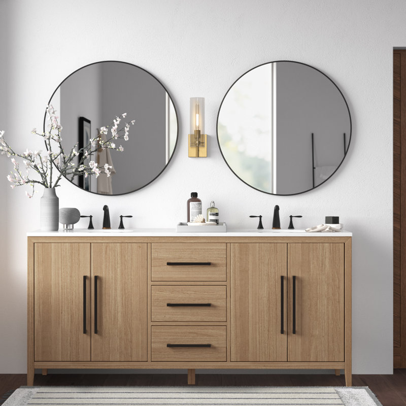 Alsup 72'' Double Bathroom Vanity with Quartz Top, Wire Brushed Oak