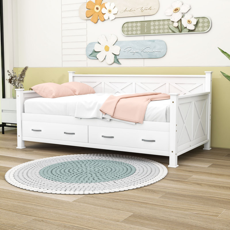 Twin Size 2 Drawers Wooden Daybed, Cream White