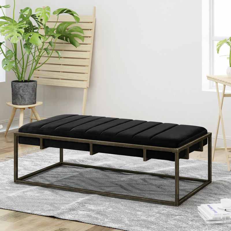 Upholstered Velvet , Black With Modern Brass Finish - Minimalist Look, Metal Frame, 25 In Width, 16 Height Bench Style, Height, Width