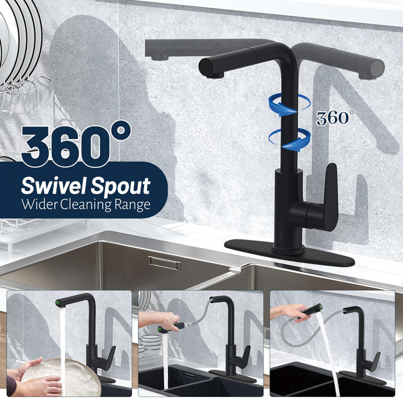 Robinet de cuisine avec douchette rétractable, évier de cuisine à affichage numérique avec robinet à poignée simple, Noir mat