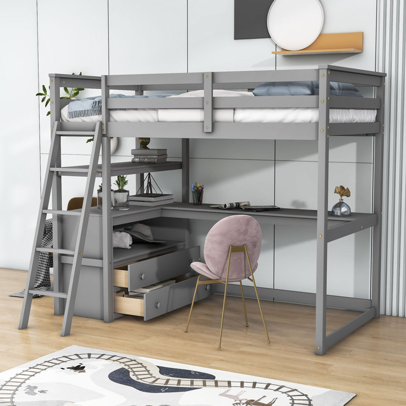 Dlayna Kids Twin Loft Bed with Drawers, Gray
