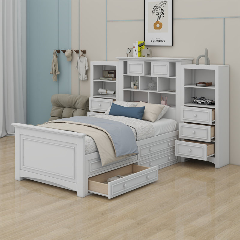 Lit plateforme avec armoire verticale et tiroirs tout-en-un, Blanc
