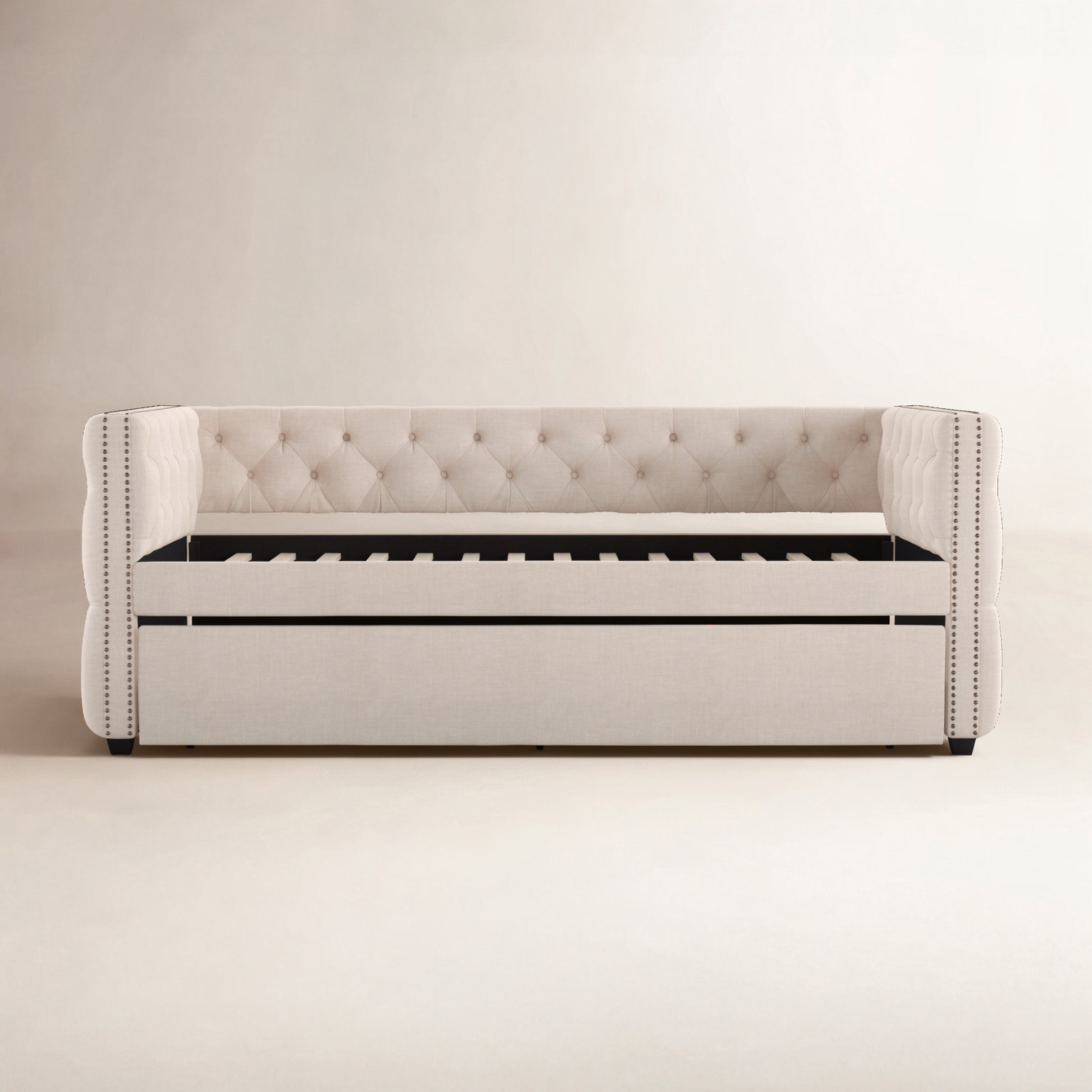 Upholstered Daybed with Trundle, Beige, Twin