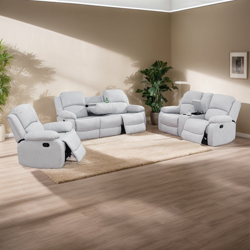 Ensemble de salon inclinable en tissu 3 pièces Burneyville (ensemble de 3), Blanc gris