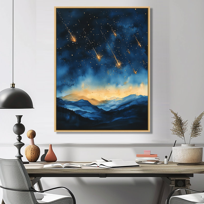 «Météores à minuit I», art mural sur toile encadré céleste, 44" H x 34" W, Cadre naturel flottant