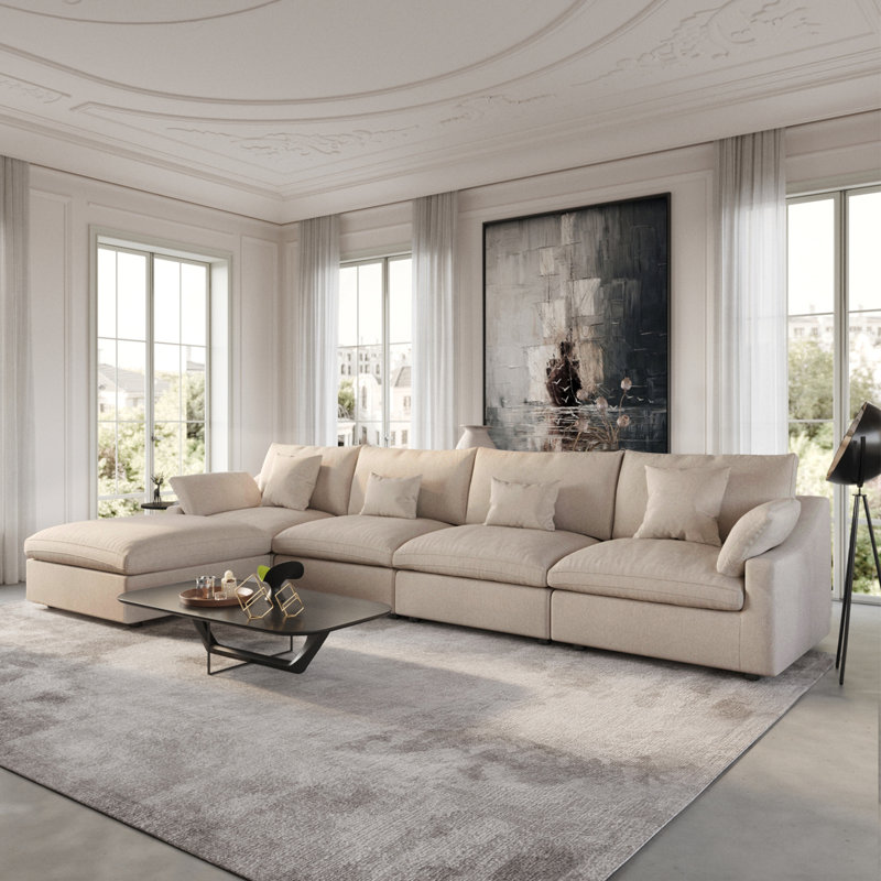 Slipcovered Upholstered Modular Sofa With Ottoman, 29.53" H x 155.9" W x 77.95" D, Khaki