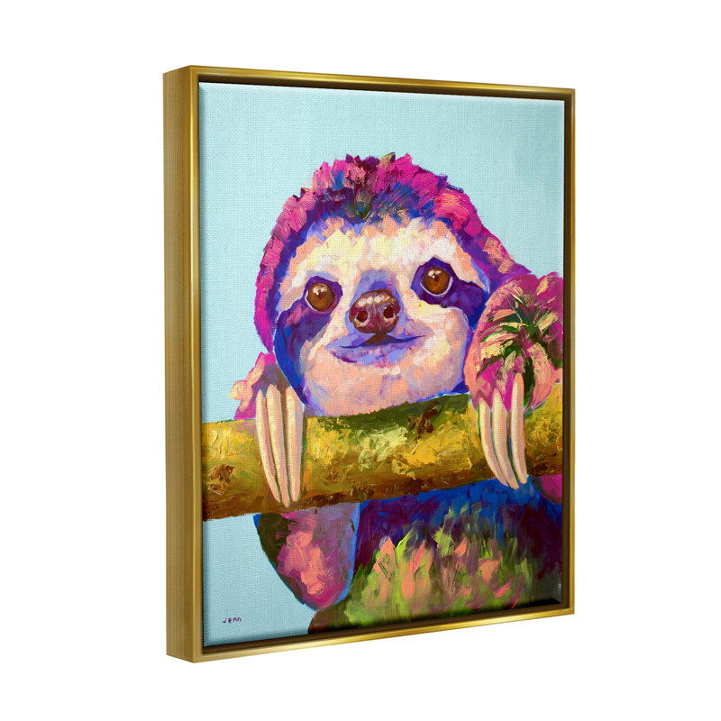 «Happy Sloth», animal sauvage audacieux - peinture, H 21 po x l 17 po x P 1,7 po, Cadre flottant métallique doré