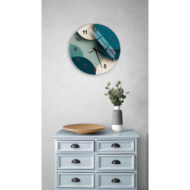Horloge murale abstraite en verre trempé, décor d'art moderne beige sarcelle, grande montre minimaliste silencieuse pour le bureau, idée de cadeau unique de pendaison de crémaillère