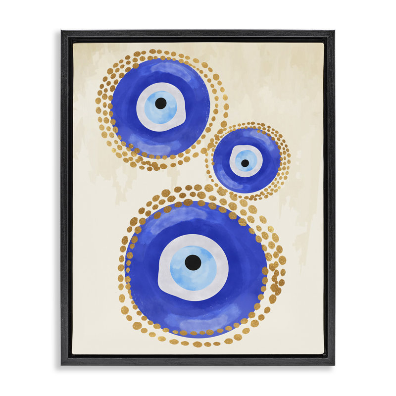 Motif rond de mauvais œil bleu, H 31 po x l 25 po, Cadre flottant noir de jais