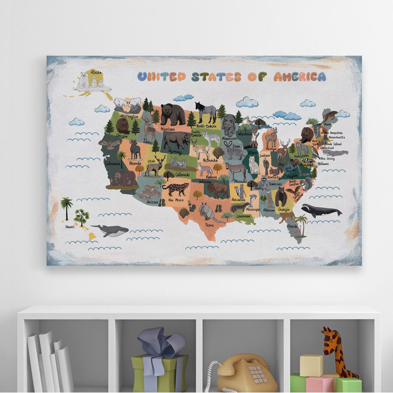 Carte colorée des animaux des États-Unis III, reproduction sur toile tendue, H 40 po x l 60 po x P 1,5 po