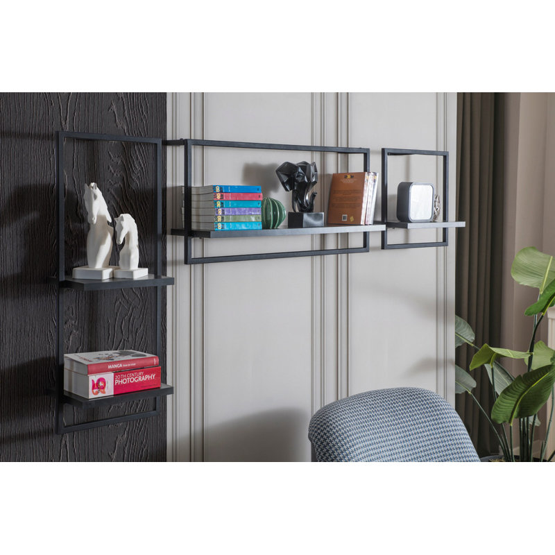 Ensemble de tablettes murales modernes noires (3 pièces), panneau de particules recouvert de mélamine, dimensions: 11,0 x 28,0 x 7,1 pouces, 13,0 x 13,0 x 7,1 pouces, 28,0 x 13,0 x 7,1 pouces | Cadre en métal durable | Solution de rangement élégante pour la maison et le bureau