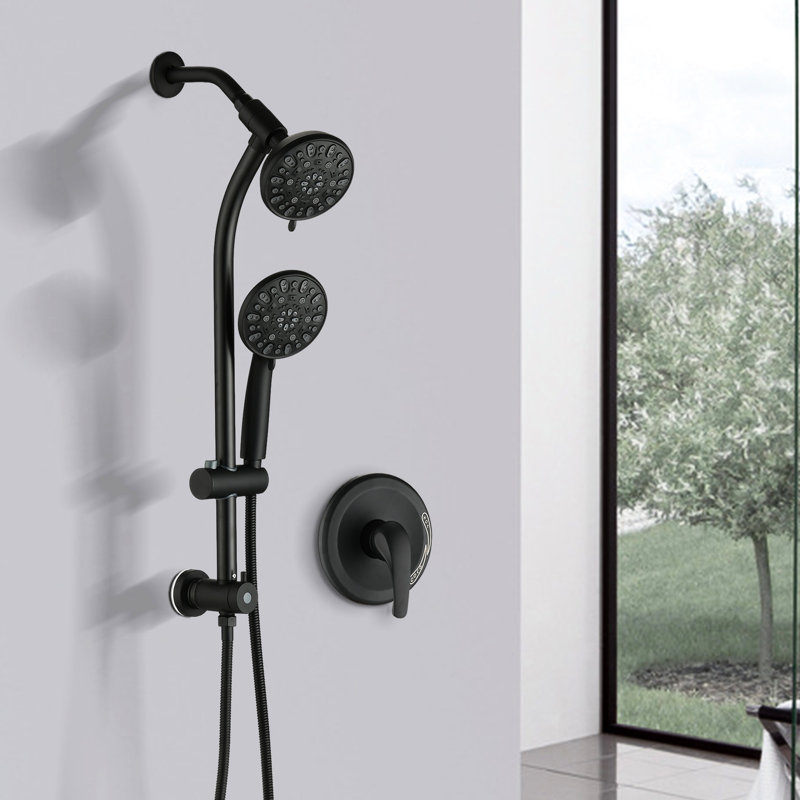 Drill- Stainless Steel Slide Bar Shower With Matte Black Two Heads And 7 Options 26" Slider 7-Setting