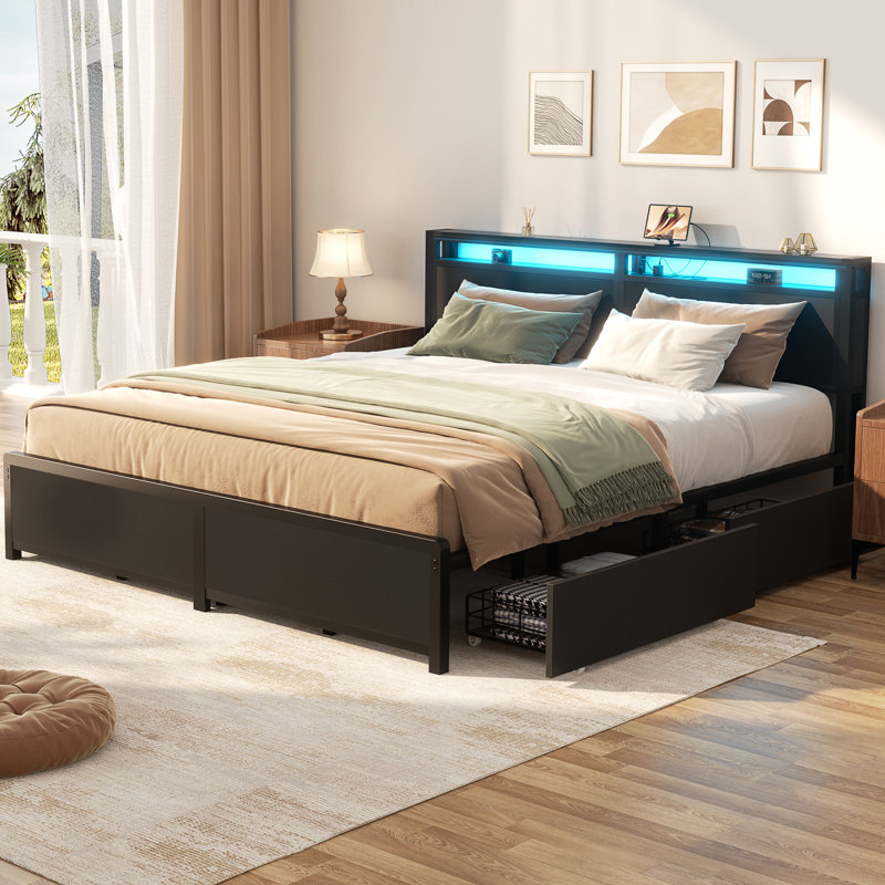 Bed Frame With 4 Drawers, Metal Frame With LED Light And Outlet, Storage Headboard, Gray, King