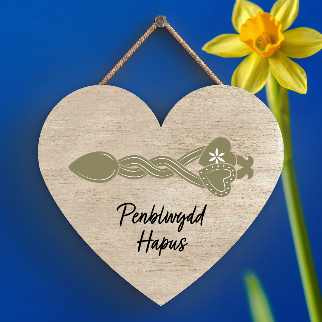PENBLWGDD HAPUS HAPPY ANNIVERSARY WELSH LOVE SPOON WOODEN HEART HANGING PLAQUE - Image 2