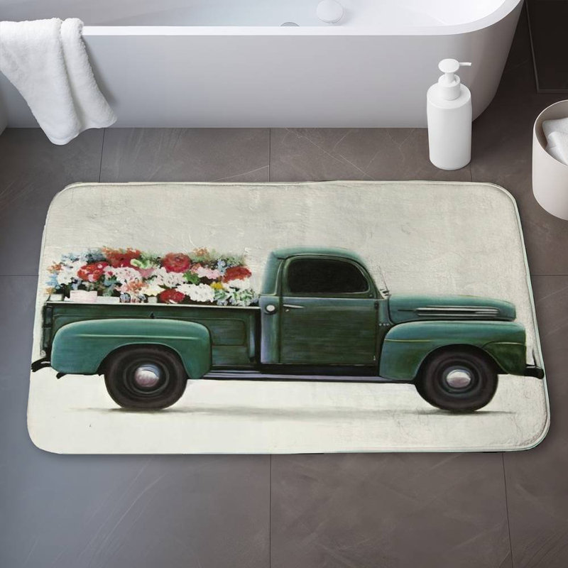 Flowers farm truck Bath Mat with Non-Slip Backing - Quick Dry Memory Foam Bathroom Rug - Absorbent - Modern Plush Spa-Style - Machine Washable