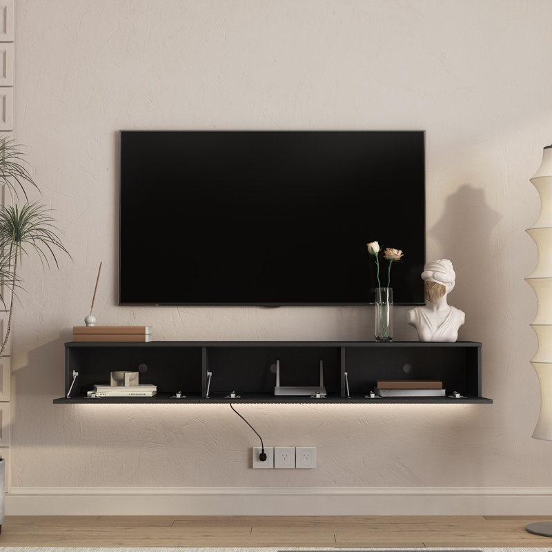Meuble télé flottant fixé au mur avec 16 DEL de couleur, Noir