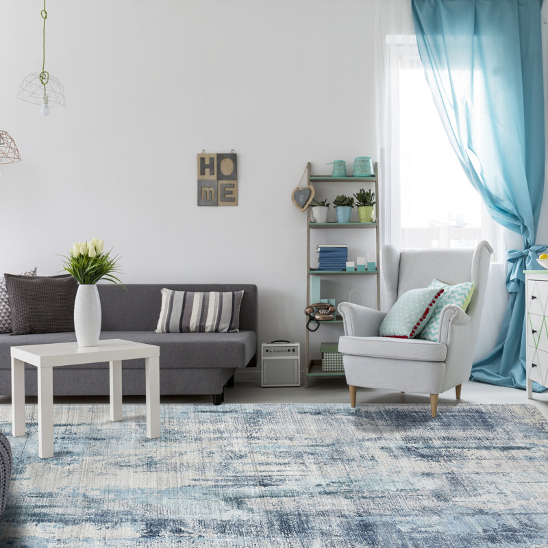 Abstract Area Rug in Blue, Rectangle  5'3" x 7'6"